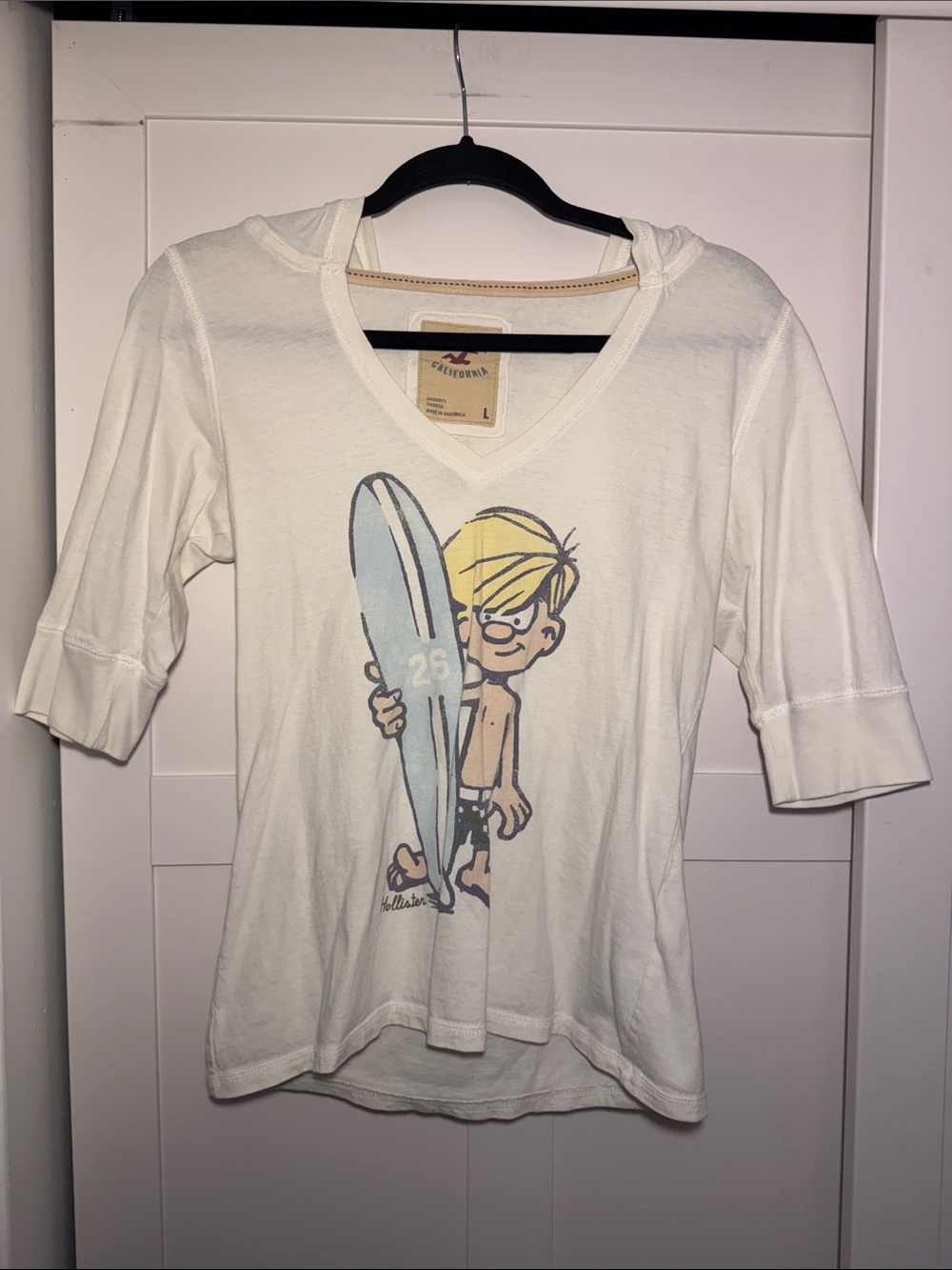 Vintage inspired Hollister White Hooded Surf Graphic Tee with Light Blue Board